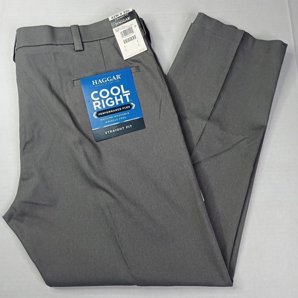 Haggar Cool Right Performance Flex Straight Fit Pants Men's Size 42x30 Gray New